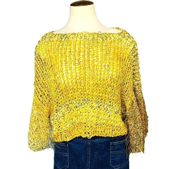 Hand Crafted Boho Yellow Fabric Knit Cropped Sweater Wide Sleeves Fuzzy Top O/S - Picture 6 of 9